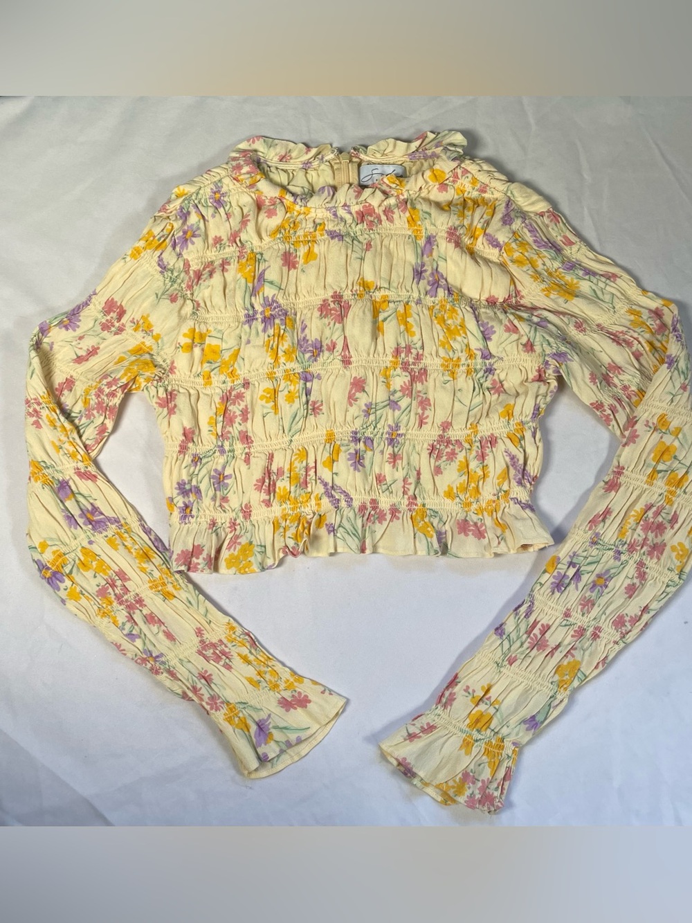 Sabo Skirt Floral Smocked Long Sleeve Crop Top Blouse Yellow Size M Cottagecore